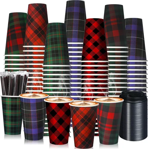 Miniatura 7 de Uiifan Paquete de 50 Tazas de Café Navideñas de 16 oz a Granel Negras Doradas con Copos de Nieve Tazas Desechables Tazas de Papel Feliz Navidad
