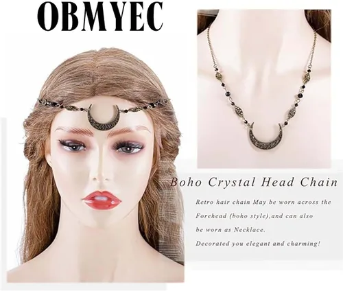 Miniatura 5 de Boho Crecent Moon Head Chain Witchy Forehead Chain Vintage Headband Chain Crystal Head Jewelry for Women