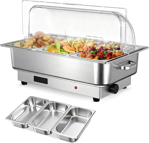 Miniatura 12 de GarveeHome Juego de bufé eléctrico de acero inoxidable con tapa enrollable con 1 sartén de 9 cuartos de galón, control de temperatura de 400 W