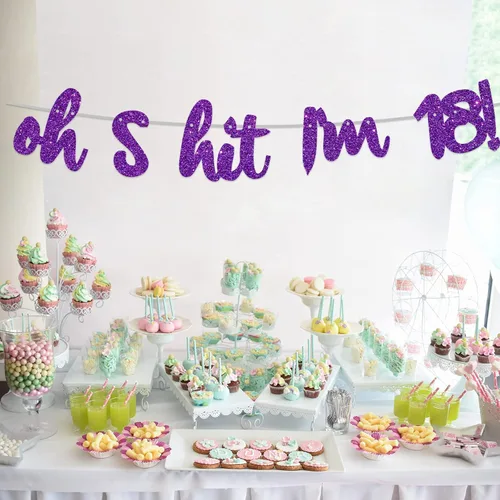 Miniatura 6 de COOSOAR Oh S*it I'm 18! - Pancarta de fondo con purpurina púrpura Hello 18 Cheers to 18 años de edad, decoración temática para niños y niñas