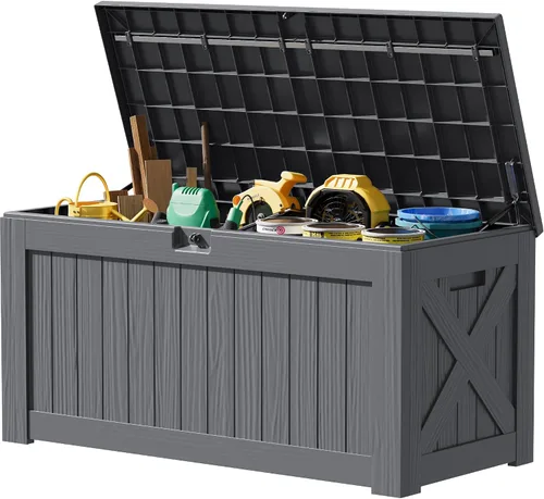Miniatura 9 de JUMMICO Caja de resina de 31 galones, cajas de almacenamiento impermeables para interiores y exteriores para muebles de patio, cojines y Negro