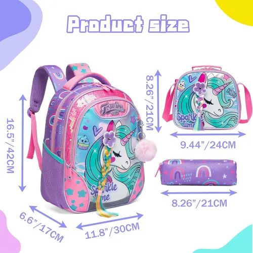 Miniatura 2 de Mochila para niñas de 16 pulgadas, mochilas para niñas para la escuela, mochila de lentejuelas con lonchera para estudiantes de primaria