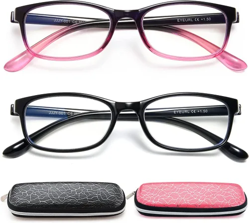 Miniatura 13 de EYEURL Gafas de lectura para mujer, con bloqueo de luz azul, juego de 2 patrones con diseño de valor para lectura (púrpura/rojo, 1.5)