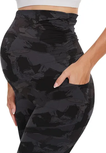 Miniatura 4 de HLTPRO Paquete de 13 leggings de maternidad sobre el vientre, pantalones de maternidad con bolsillos para mujer, leggings de yoga para entrenamiento