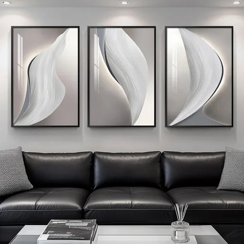 Miniatura 13 de Juego de arte moderno enmarcado de 3 piezas, arte abstracto de líneas geométricas en blanco y negro, pinturas artísticas de lujo contemporáneas