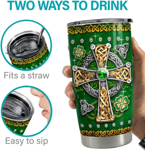 Miniatura 7 de SANDJEST Vaso irlandés de acero inoxidable con tapa de cruz celta de 20 onzas, regalos para mujeres, cumpleaños, Navidad Irish