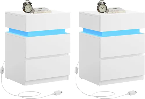 Miniatura 23 de VASAGLE Mesita de noche con estación de carga, 2 salidas de CA y 2 puertos USB, mesita de noche, mesa auxiliar con 3 cajones, estilo moderno, 13.8 x