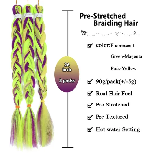 Miniatura 2 de Extensiones de cabello trenzado preestirado colorido, 3 colores, mezcla de cabello trenzado para niñas, 26 pulgadas, 3 paquetes