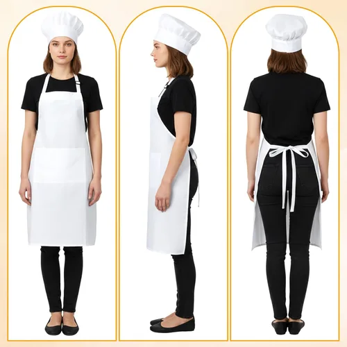 Miniatura 6 de Tucnoeu Sombrero de chef blanco y delantal para hombres y mujeres, disfraz de chef con 2 bolsillos, disfraz de chef para adultos para cocina