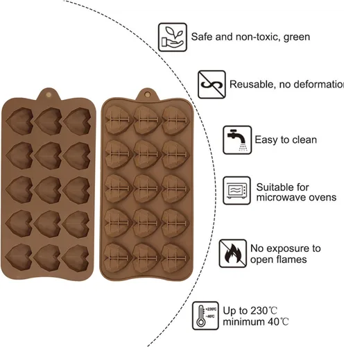 Miniatura 3 de Paquete de 2 moldes de chocolate con forma de corazón de diamante – Molde de pastel de mousse de corazón 3D de 15 agujeros – Mini molde de silicona