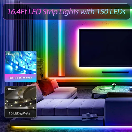 Miniatura 5 de Tira de luces LED, 150 luces LED RGB de 16.4 pies para TV de 32 a 75 pulgadas por detrás, sincronización de música, control de aplicación, tira LED