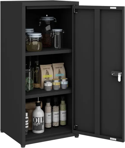 MIOCASA Metal Storage Cabinet with Lock, 3 Adjustable Shelves Single Door Steel Locker for Home, Office & Garage (Black)