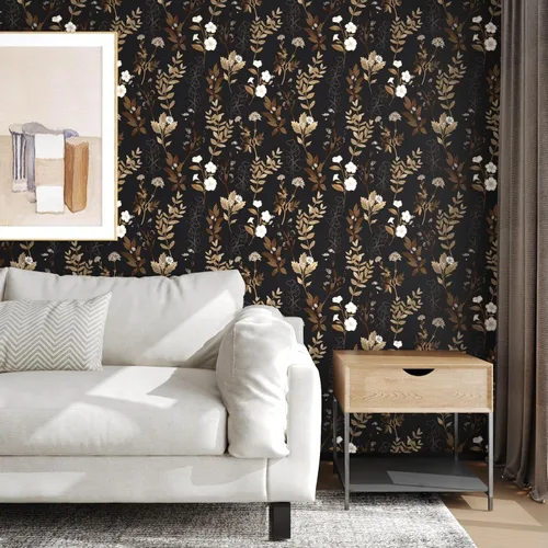 Miniatura 6 de Fvlow Papel Tapiz Floral Negro Despegar y Pegar Papel de Contacto Hoja Dorada Papel Tapiz de Hojas Impermeable Autoadhesivo Revestimiento de Pared