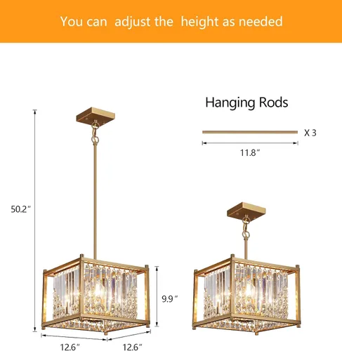 Miniatura 3 de Q&S Candelabro de oro, moderno candelabro industrial de cristal cuadrado dorado con 4 luces colgantes para comedor, pasillo, entrada, isla