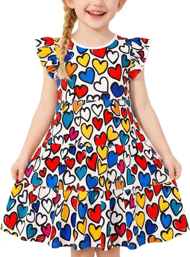 Miniatura 25 de Vestido casual para niñas, de algodón suave, manga corta, transpirable, acampanado, para adolescentes, talla 2T, 3T, 4T, 5, 6, 7, 8, 9, 10, 12, 13