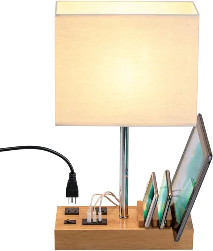 Miniatura 9 de Briever Lámpara de mesa USB, lámpara multifuncional de mesita de noche con 2 salidas de CA, 3 puertos de carga USB y organizador de soporte