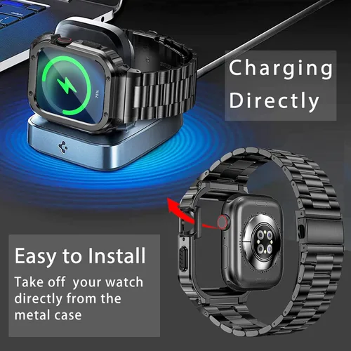 Miniatura 2 de MioHHR Correa y funda de acero inoxidable compatible con Apple Watch Band de 1.614 in, 1.575 in y 1.496 in, cubierta protectora de metal para Negro