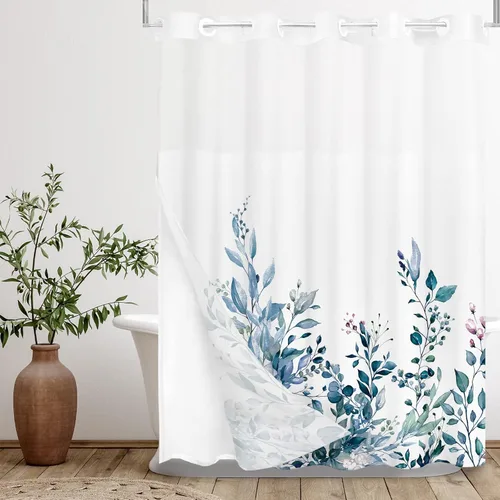 Miniatura 20 de Tititex Spun Sugar - Juego de cortinas de ducha de eucalipto azul claro, hojas de acuarela brillantes en la parte superior, decoración floral