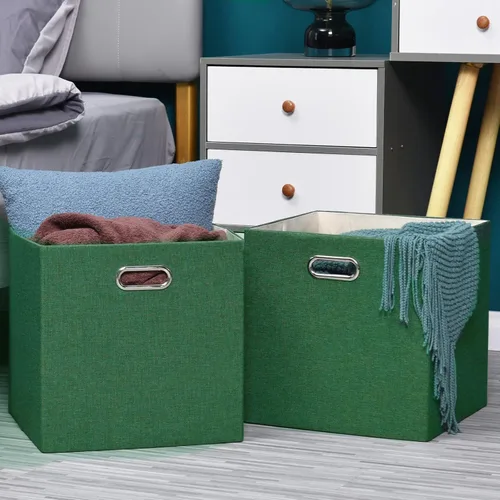 Miniatura 6 de Cubo de almacenamiento de 11 x 11 pulgadas, caja plegable de lino con asas, cesta de organización plegable, juego de 4 cajones de gran capacidad