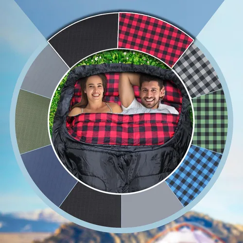 Miniatura 9 de Saco de dormir doble de franela para adultos con 2 almohadas, sacos de dormir para 2 personas, camping, XXL, tamaño Queen, saco de dormir para dos
