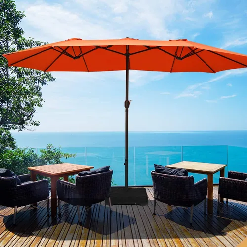 Miniatura 2 de Tangkula Paraguas de doble cara para patio de 15 pies con base, sombrilla de mesa individual extragrande para exteriores con manivela Naranja