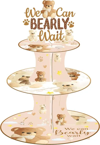 umoni We Can Bearly Wait - Soporte para cupcakes de oso para baby shower, 3 niveles con tema de oso, soporte para cupcakes We Can Bearly Wait,