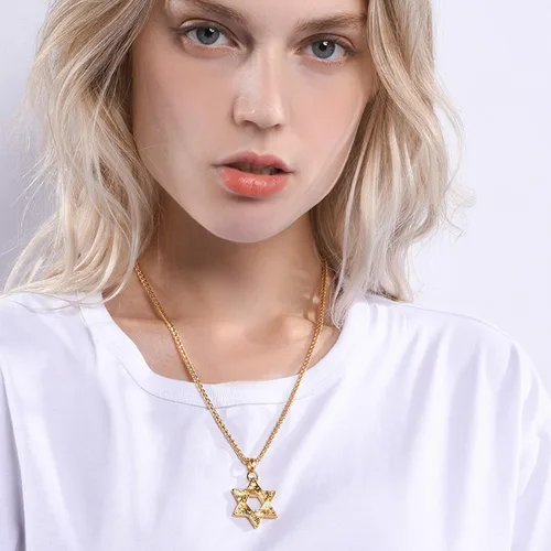Miniatura 55 de U7 - Collar con Estrella de David para hombres y mujeres, dije hexagonal de acero inoxidable con cruz/piedra de rubí/collares clásicos judíos