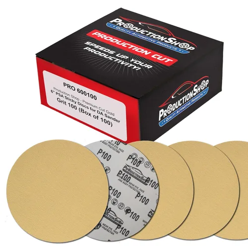 Miniatura 10 de ProductionShop Discos de lijado dorados PSA de grano 60 de 6 pulgadas, caja de 80 unidades, papel de lija abrasivo autoadhesivo para lijadoras