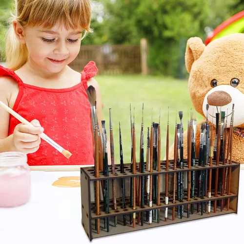 Miniatura 6 de Organizador de pinceles de madera para pintura, soporte de almacenamiento de 67 agujeros, soporte para pinceles de arte para niños