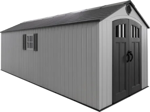 LIFETIME Cobertizo de almacenamiento para exteriores, de 8x20 pies, gris, cobertizo de herramientas para el patio trasero de resina con puertas con