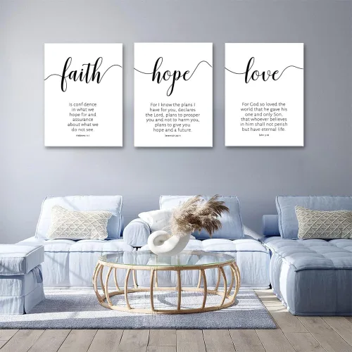Miniatura 2 de Creoate Lienzo decorativo para pared con versículos de la Biblia, 3 piezas, Faith Hope Love, decoración de pared religiosa inspiradora cristiana