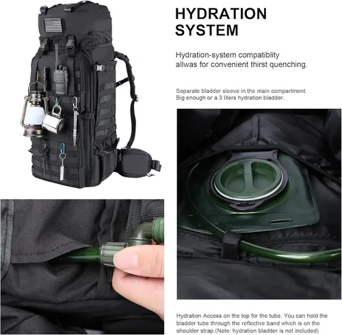 Miniatura 6 de Zsearaymy - Mochila de senderismo MOLLE de 75L con marco interno y cubierta de lluvia para táctica, camping, mochilero, viajes de supervivencia Negro