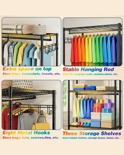 Miniatura 6 de Perchero resistente de acero al carbono con ruedas bloqueables, estantes y ganchos ajustables, estantes de ropa independientes para colgar ropa