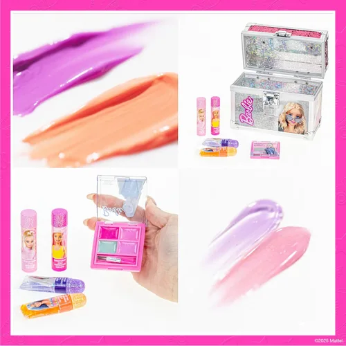 Miniatura 4 de Barbie Beauty Mini Train Case Set incluye tubo de brillo de labios, bálsamo labial, brillo de labios compacto para fiestas de pijamas de niñas