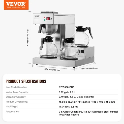 Miniatura 7 de VEVOR Cafetera de Goteo Comercial de 12 Tazas, Máquina Cafetera con 3 Jarras de Vidrio y 3 Platos Calentadores, Cafetera de Acero Inoxidable