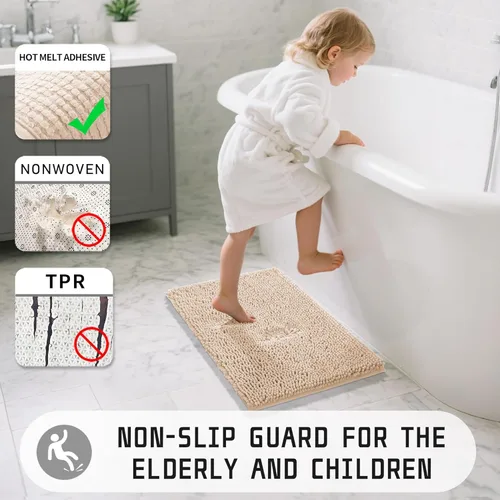 Miniatura 6 de Yimobra Tapetes de baño lavables, de chenilla súper suave y absorbente, para suelo y alfombra, de secado rápido, antideslizante, para bañera y Beige