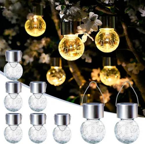 Miniatura 10 de Solpex Luces solares colgantes al aire libre, paquete de 8 luces decorativas de bola de vidrio agrietado, iluminación solar impermeable, luces