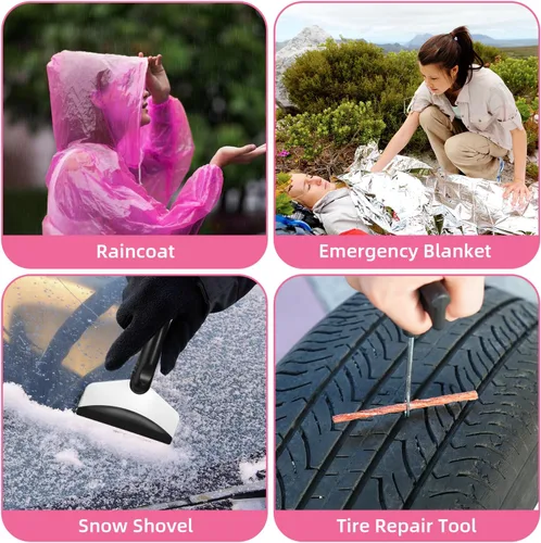 Miniatura 7 de Kit de emergencia para vehículos en carretera, kit de primeros auxilios rosa para automóvil con cables de puente, kit de seguridad para coche