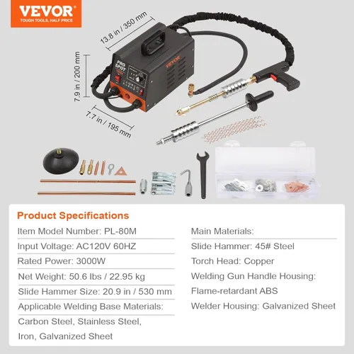 Miniatura 7 de VEVOR Kit de soldador de espárragos para reparación de abolladuras, soldador por puntos de 3 kW, extractor de abolladuras con 6 modos de soldadura