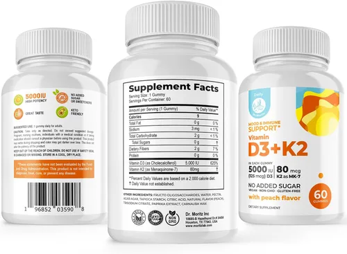 Miniatura 2 de DR. MORITZ Gomitas de vitamina D3 (5000 UI) con K2, para adultos y niños, gomitas de vitamina D3 K2 para apoyo inmunológico y salud ósea, veganas