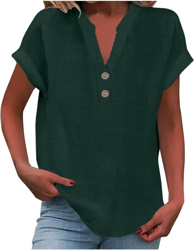 Miniatura 11 de Camisas de lino para mujer 2025 verano casual cuello en V botón abajo manga corta tops moda cómodo negocio trabajo blusas, beige (A-Beige)