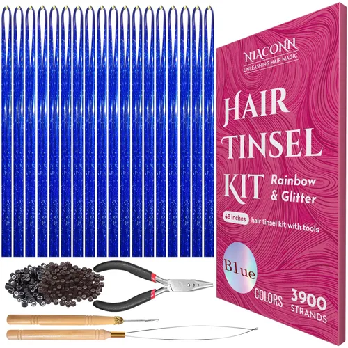 NIACONN Kit de extensiones de cabello de oropel brillante azul con herramientas y cuentas, hebras de oropel brillantes y coloridas de 48 pulgadas,