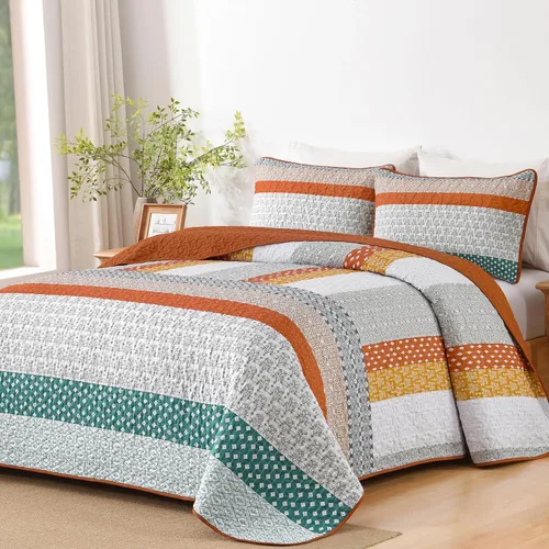Miniatura 10 de WONGS BEDDING Juego de edredón beige tamaño individual, juego de edredón de rayas bohemias de 3 piezas, juego de colcha acolchada de microfibra