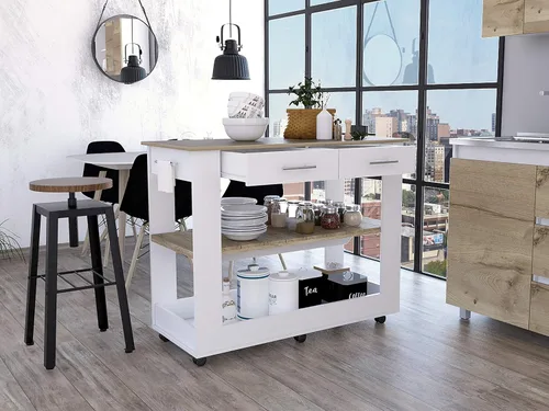Miniatura 4 de FM FURNITURE Brooklyn 80 Isla de cocina con acento de roble claro, con estantes y cajones