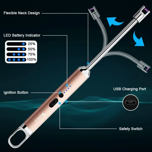 Miniatura 2 de Encendedor SUPRUS, encendedor USB recargable con interruptor de seguridad, encendedor eléctrico de arco con cuello flexible de 360°, sin llama, Oro