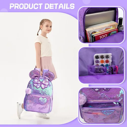 Miniatura 28 de Mochila para niñas de 16 pulgadas, mochilas para niñas para la escuela, mochila de lentejuelas con lonchera para estudiantes de primaria