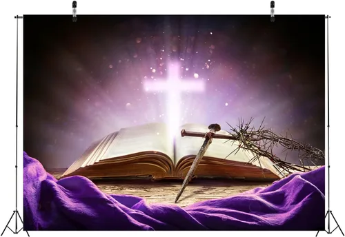 Miniatura 4 de BELECO Telón de fondo de tela de 5 x 3 pies con cruz de la Biblia sagrada, luz sagrada, crucifijo brillante, corona de espinas, creencia de Dios