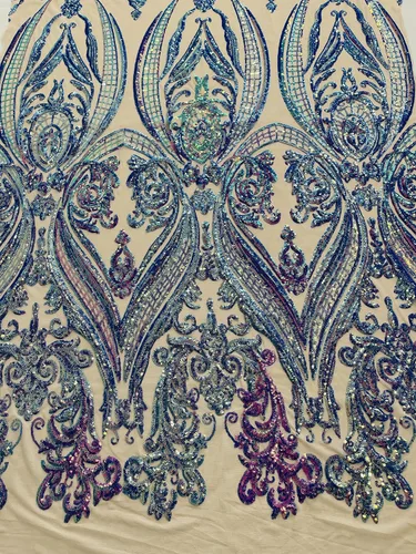 Miniatura 16 de Telón de fondo King INC Empire Damask Design con lentejuelas bordadas en una tela de malla elástica de 4 vías (amarillo brillante)