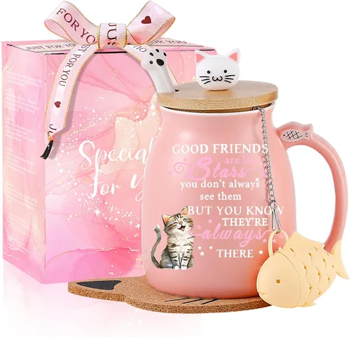 Miniatura 11 de BigNoseDeer Lindas tazas Kawaii de gato, taza de café de cerámica con infusor y tapa, cuchara, taza de té, regalos lindos y geniales para mujeres
