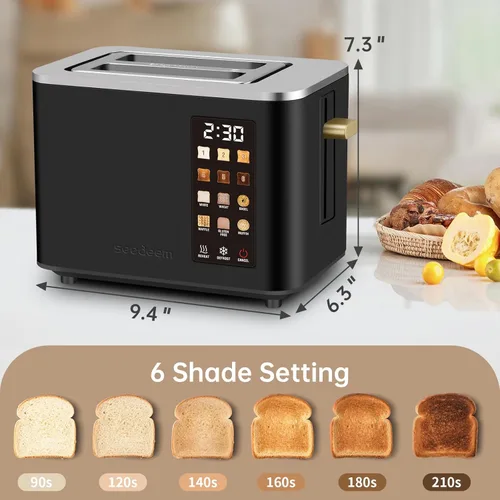 Miniatura 4 de SEEDEEM Tostadora de 2 rebanadas, pantalla de control táctil, tostadora inteligente de acero inoxidable, 6 configuraciones de tostado, selección